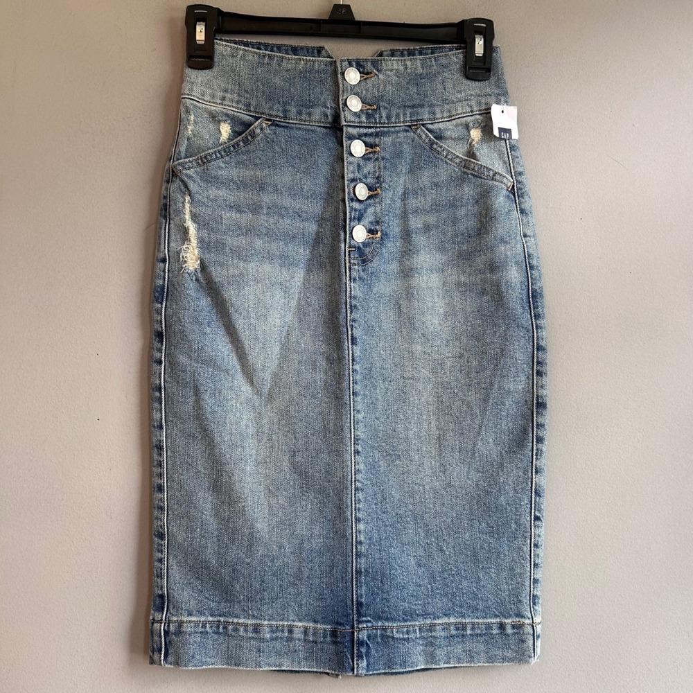 Gap Denim High Waisted Button Front Distressed Pencil Skirt Medium Wash 24